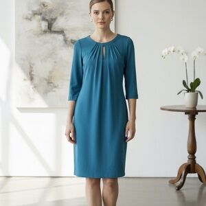Piazza Sempione Dress Womens 6 40 Blue Pleated Sheath 3/4 Sleeve Made Italy Work